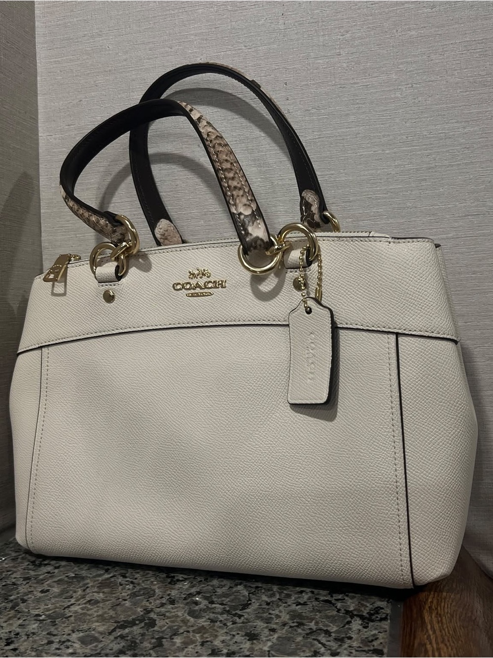 Coach Brook Mini Carryall Cream Pebble Leather Satchel with Snake-Print Handles